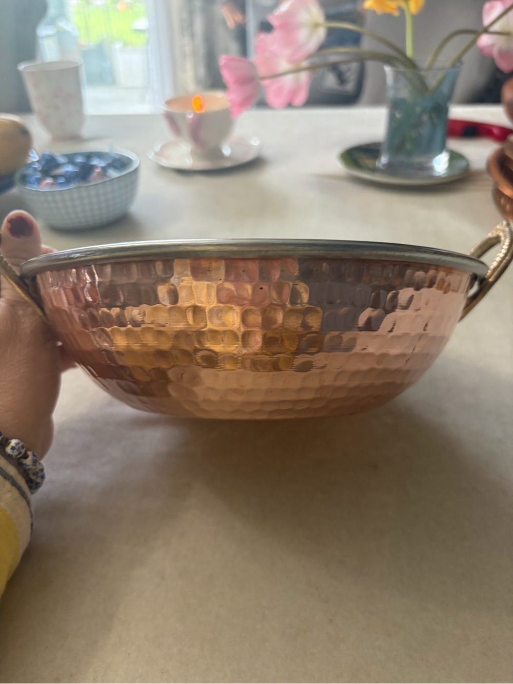 Copper Finish Hammered Serving Bowl with Side Handles - Copper - Picture 2 of 8